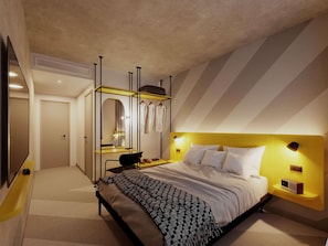 Une chambre à coucher moderne avec un lit, une coiffeuse avec un miroir et un téléviseur.