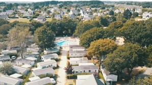 A residential area with houses, a swimming pool, and trees.