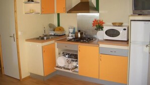 Une cuisine compacte équipée d’un évier, d’une cuisinière, d’un four à micro-ondes et d’un égouttoir à vaisselle.