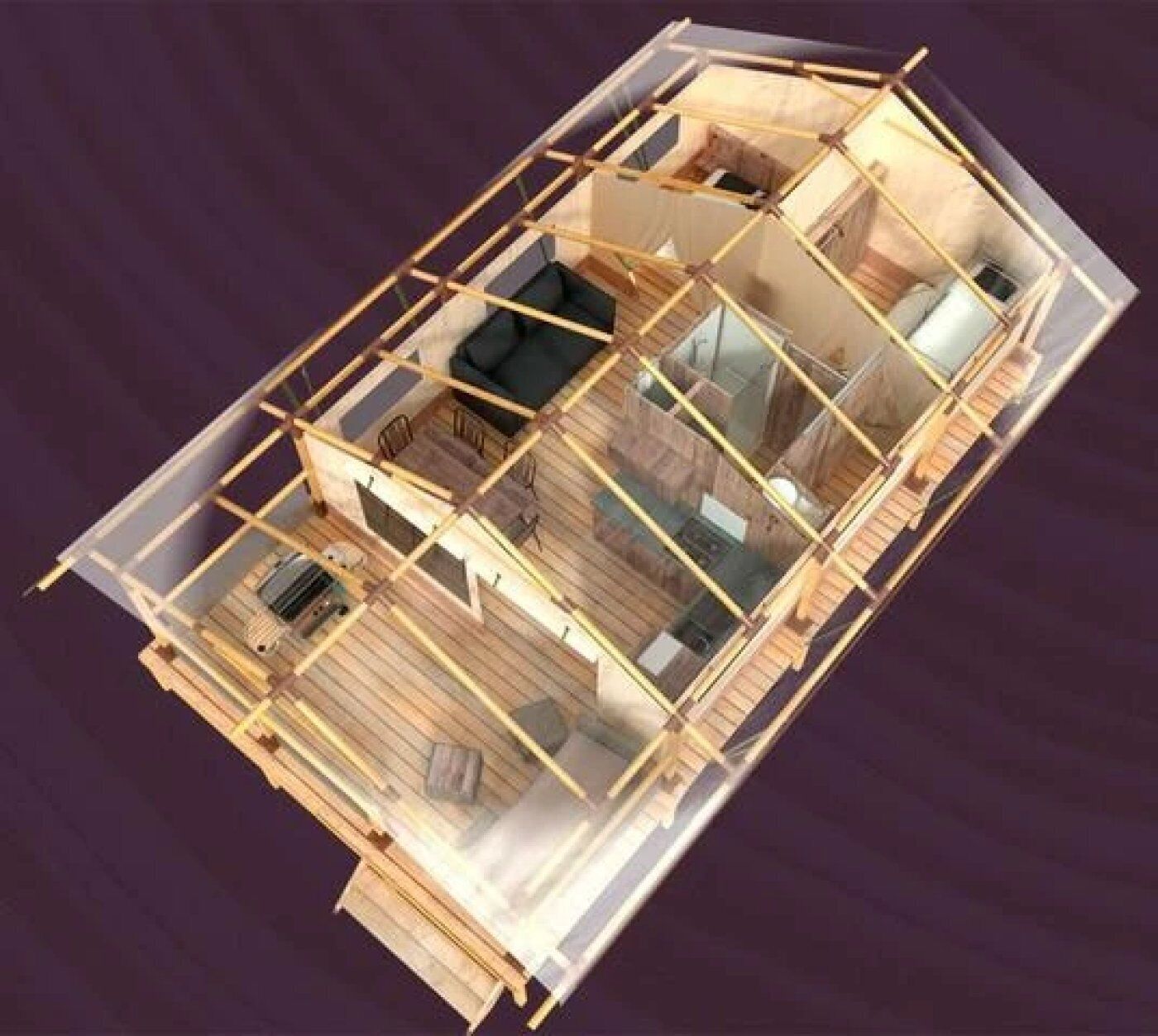 Modelo tridimensional del interior de un edificio con varias habitaciones, una escalera y una zona de cocina.