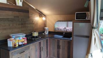 Réfrigérateur, micro-ondes, plaque de cuisson, grille-pain