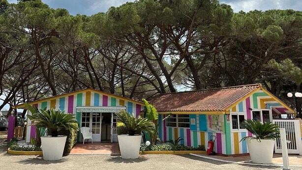 A colorful building with a striped facade, surrounded by trees and large potted plants. - ZEcamping 3 étoiles familial locatif TV clim 30m2 4 pers (Platja d'Aro)