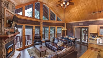 Cabin, Multiple Beds, Pool Access | Living area | 42-inch flat-screen TV with digital channels, TV, fireplace