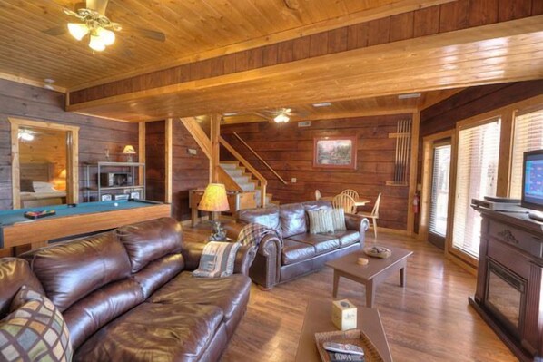 Cabin, Multiple Beds, Pool Access | Living area | 42-inch flat-screen TV with digital channels, TV, fireplace