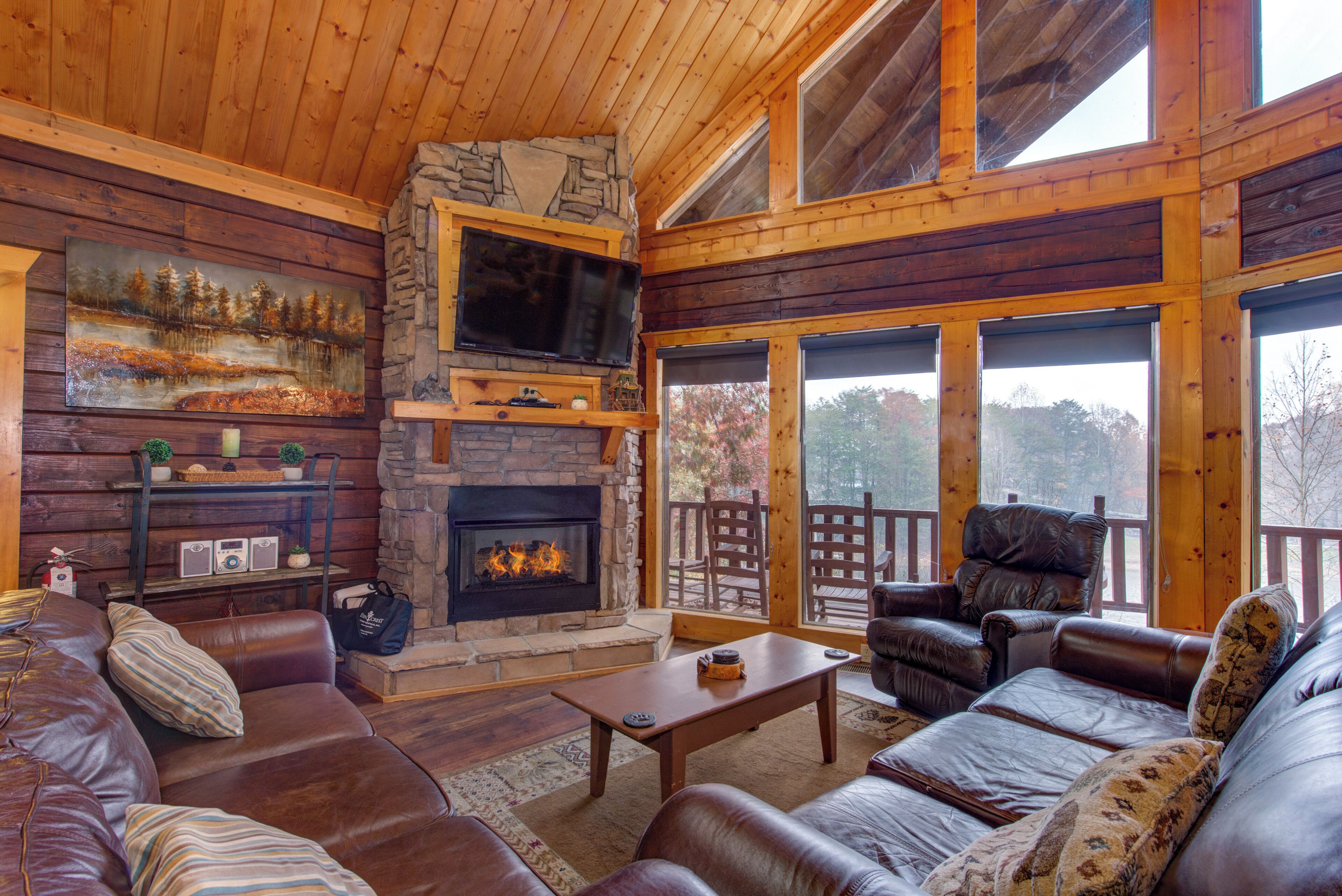 Cabin, Multiple Beds, Pool Access | Living area | 42-inch flat-screen TV with digital channels, TV, fireplace