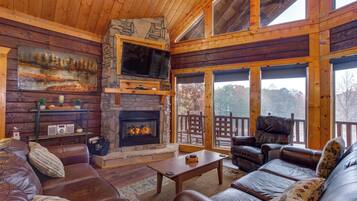 Cabin, Multiple Beds, Pool Access | Living area | 42-inch flat-screen TV with digital channels, TV, fireplace