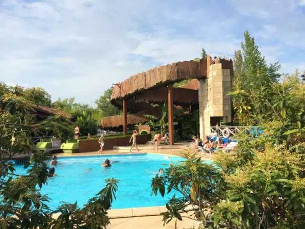 Relax by the pool surrounded by lush greenery and palm trees.