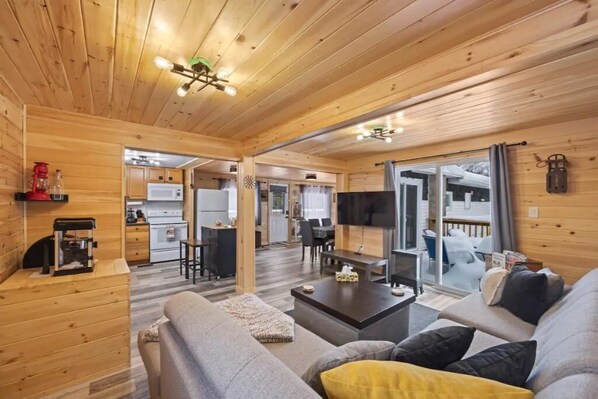 Smart-tv, eldstad, tv-spel och böcker