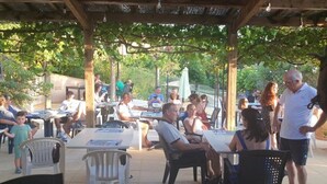 An outdoor patio with tables and chairs, surrounded by trees and covered by a wooden pergola.