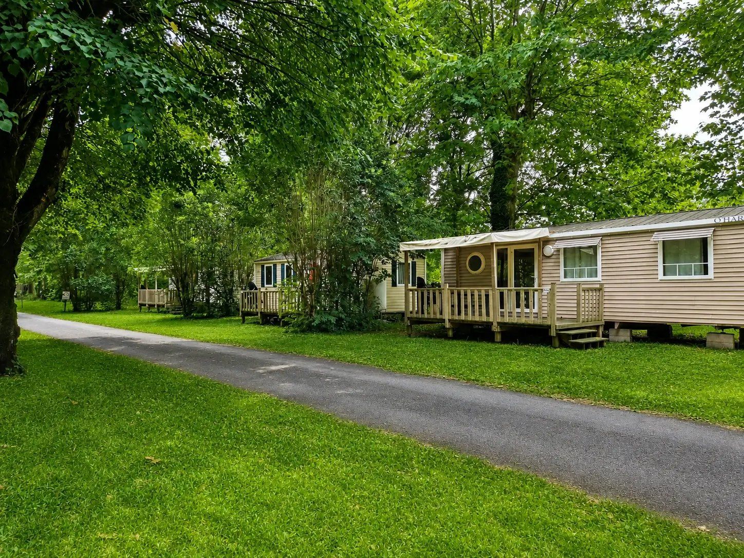 A row of mobile homes with a paved path in between, surrounded by lush green trees.