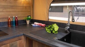 A kitchen with wooden walls, a sink, and a window. There are three water bottles, a potted plant, and a roll of paper towels on the counter. - ZEcamping 3 étoiles piscine chauffée locatif TV clim 34m2 (Roquebrune-sur-Argens)