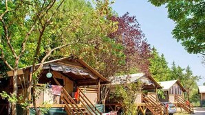 A row of rustic wooden cabins with external staircases, surrounded by trees and greenery. - ZEcamping 3 étoiles piscine chauffée locatif TV clim 34m2 (Roquebrune-sur-Argens)
