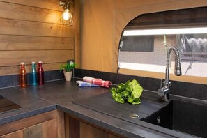 Fridge, microwave, stovetop