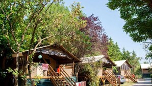 A row of rustic cabins with wooden staircases leading to the entrance, surrounded by trees. - ZEcamping 3 étoiles piscine chauffée pataugeoire locatif TV clim 34m2 (Roquebrune-sur-Argens)