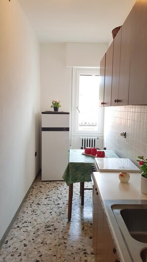 Kühlschrank, Herdplatte, Wasserkocher mit Kaffee-/Teezubehör