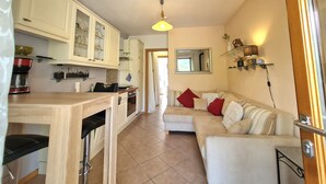 Un espacio habitable pequeño con kitchenette, un sofá y una zona de comedor.