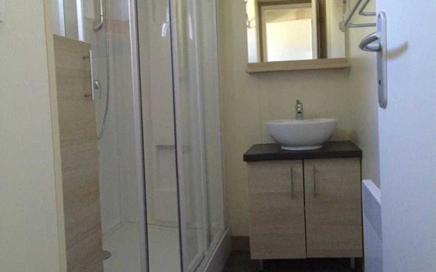 Une salle de bain avec une douche à parois de verre, un lavabo blanc et un miroir au-dessus.