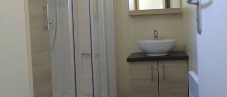 A bathroom with a glass shower enclosure, a white sink, and a mirror above it.