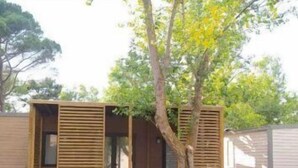 A modern, single-story cabin with a wooden exterior, a small porch, and a well-maintained lawn. - ZEcamping 4 étoiles piscine dog friendly club enfant mobil-home TV LV clim (Pals)