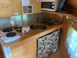 Fridge, microwave, stovetop