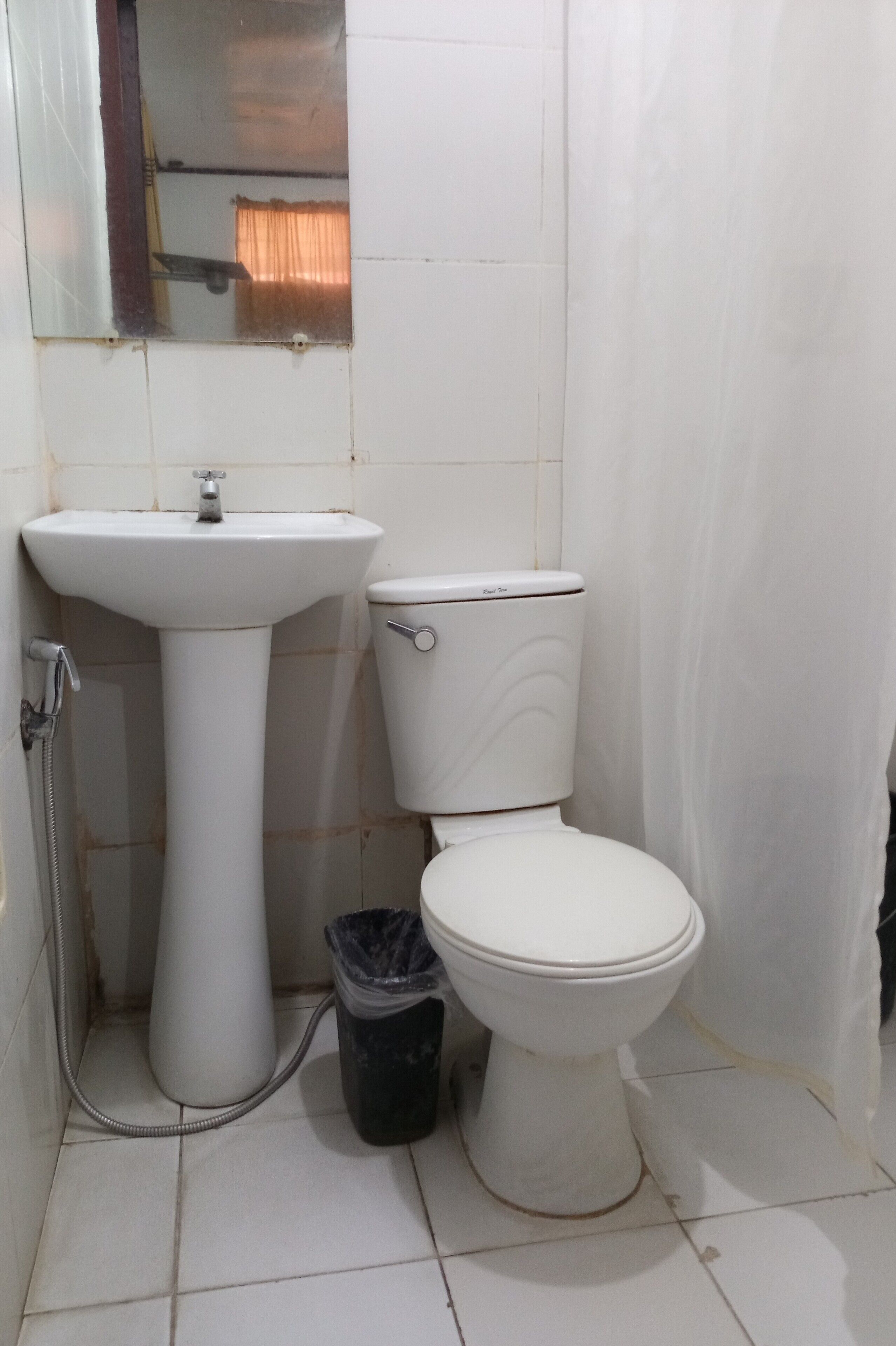 A bathroom with a white sink, toilet, and a trash bin.
