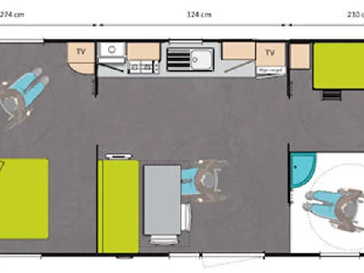 Distribución de una habitación de hotel con dos televisores, kitchenette, baño y zona de estar.