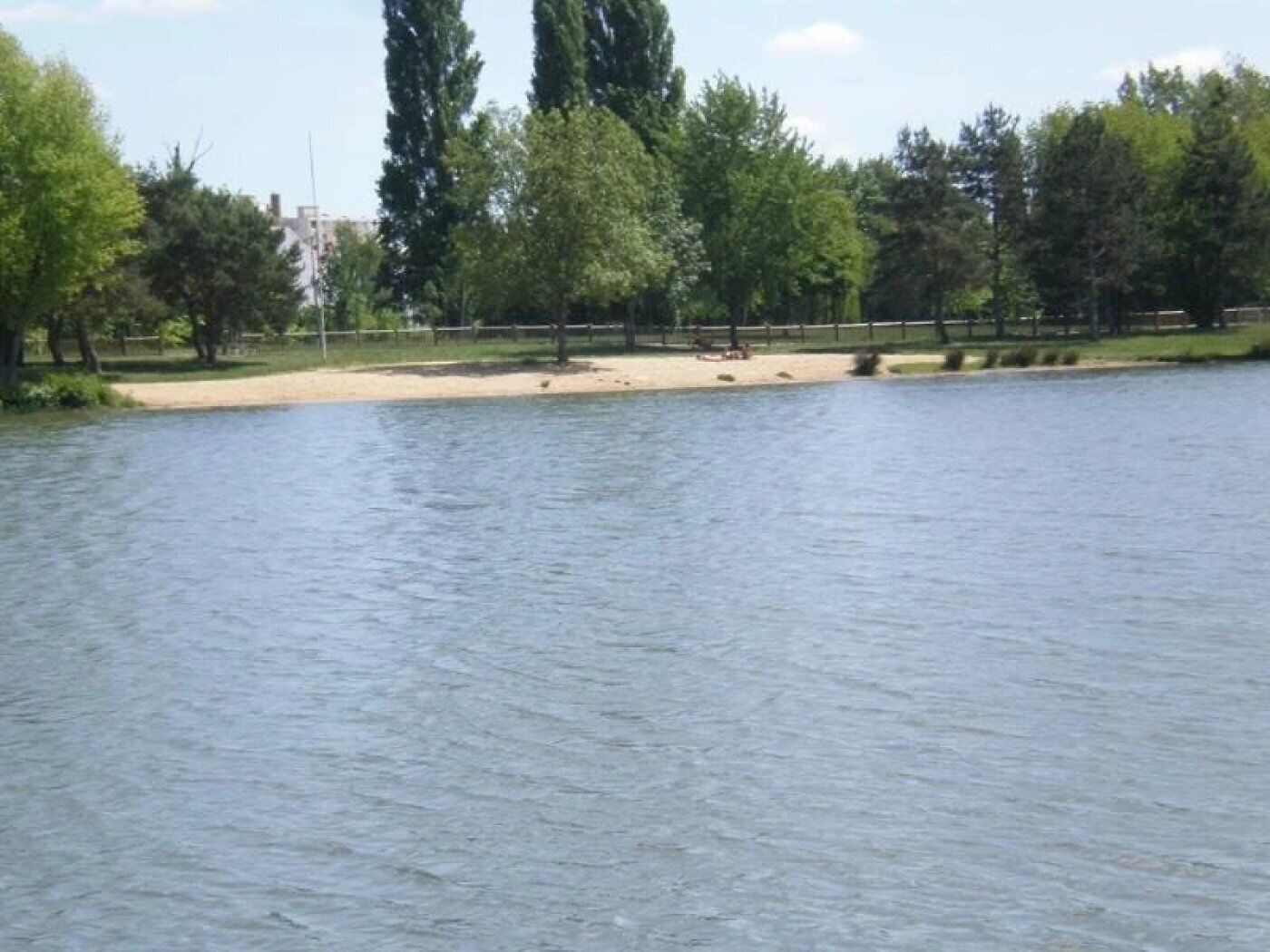 Um lago tranquilo com margem de areia e árvores ao fundo.