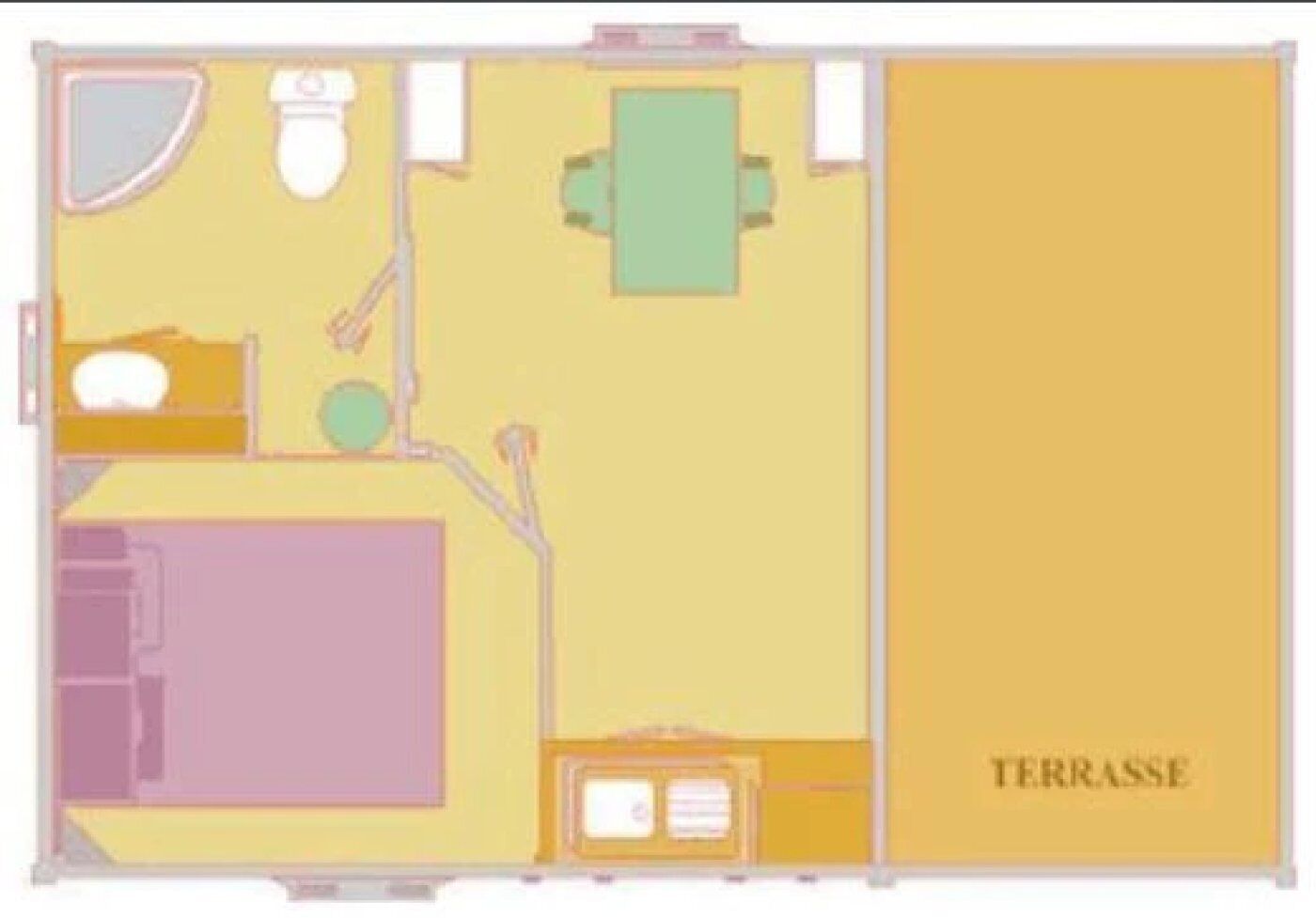 Een plattegrond van een kamer met een badkamer, een eethoek en een ruim terras.