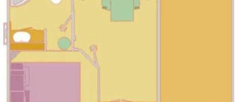 Een plattegrond van een kamer met een badkamer, een eethoek en een ruim terras.