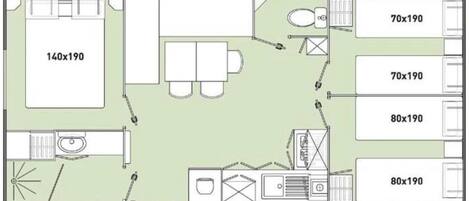 A hotel layout with a 140x190 room, two 70x190 rooms, and two 80x190 rooms.