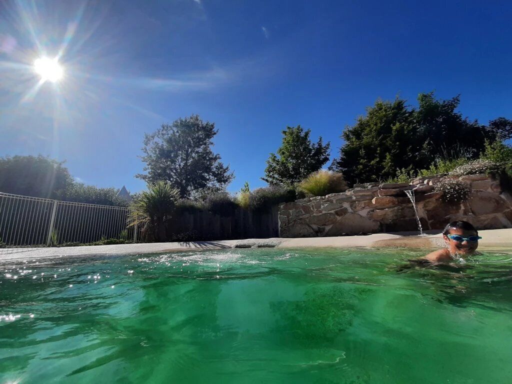 En swimmingpool med klart vatten, omgiven av en stenmur och träd.