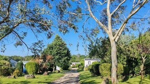 A residential street with houses, a clear sky, and a well-maintained lawn. - ZEcamping 3 étoiles pataugeoire animaux acceptés fitness locatif TV 34m2 (Pouldreuzic)