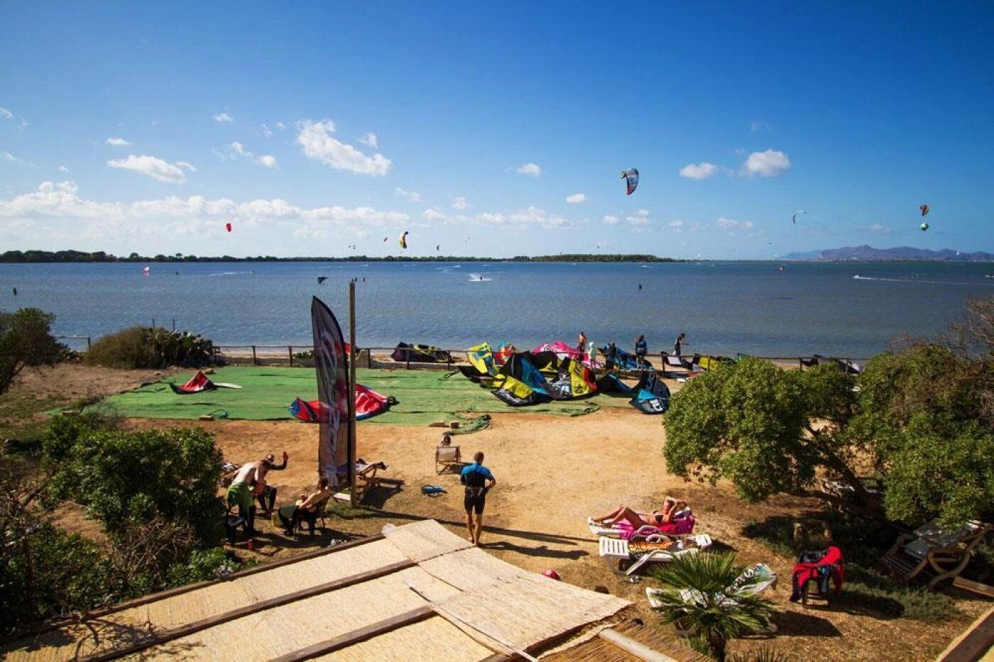 A beach with multiple kites and windsurfing equipment, a flag, and people relaxing.