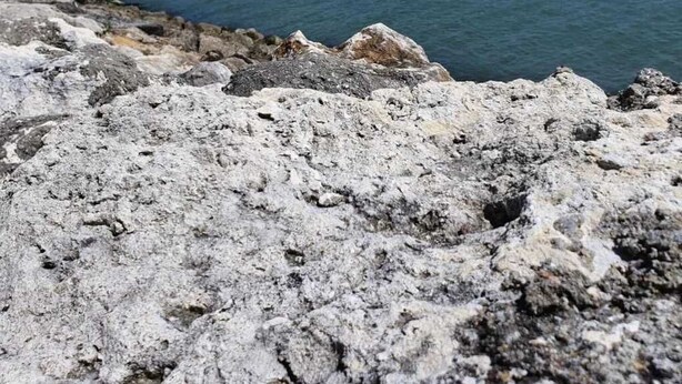 Una costa rocosa con una playa al fondo.