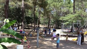 Parque infantil ao ar livre com balanços e estruturas de escalada, rodeado por árvores.
