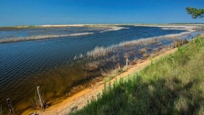 Un paysage côtier caractérisé par une eau claire, une plage de sable et des zones herbeuses.