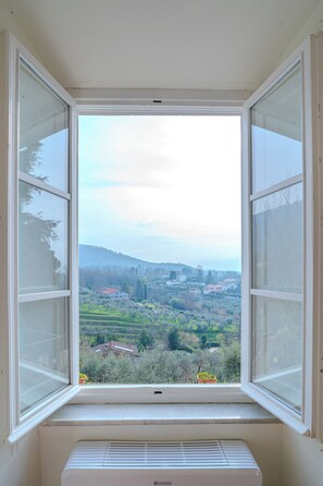 Una ventana con vistas a un paisaje rural, que incluye casas y árboles.