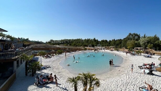 A beach with a pool, palm trees, and beach chairs.