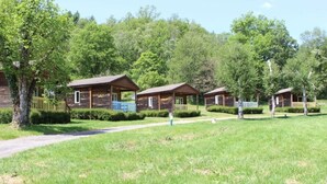 A row of wooden cabins with a paved path leading to them, surrounded by lush greenery.