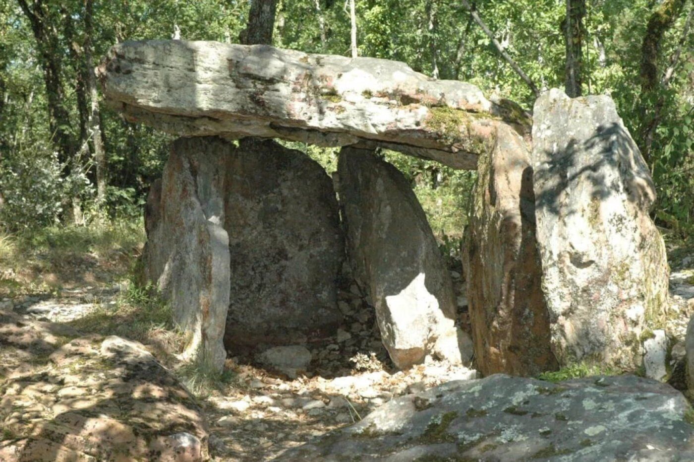 Una estructura de piedra con una parte superior plana y piedras de soporte, rodeada de árboles.