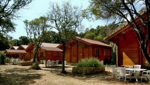 Reihenweise Holzbungalows mit Außenbereichen zum Sitzen, umgeben von Bäumen und einem klaren Himmel.