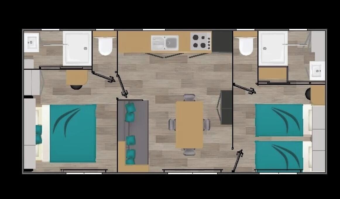 A hotel room layout with two bedrooms, a living area with a sofa and chairs, a kitchen, and two bathrooms.