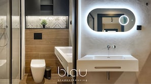 Shower, rainfall showerhead, toilet paper