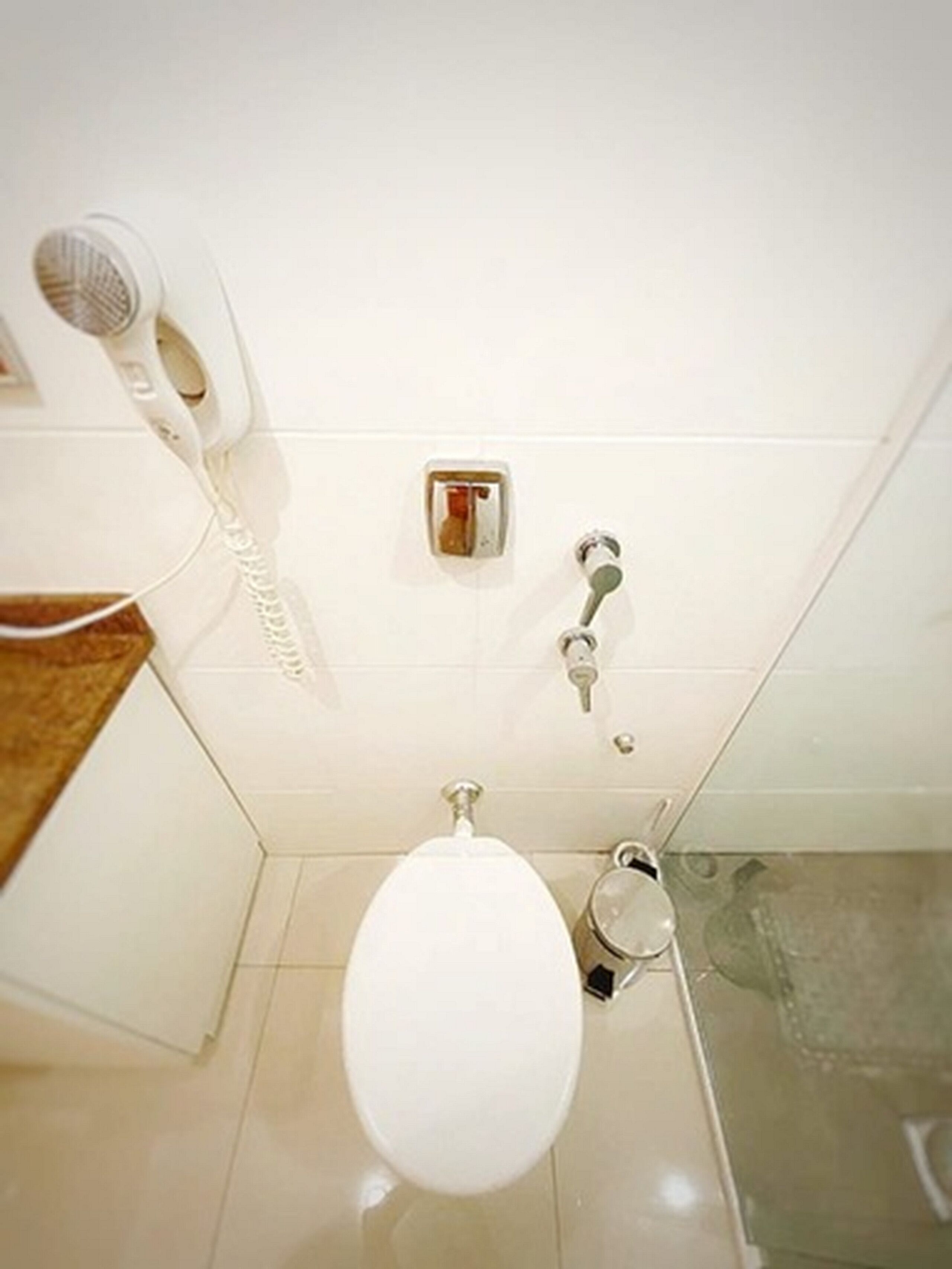 Un baño con inodoro, ducha y secador de pelo en la encimera.