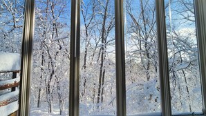 A window with a view of a snowy forest. - Large Home close to everything, Dogs welcome. (Fitchburg)