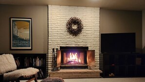 A living room with a fireplace, a bookshelf, a framed poster, and a television. - Large Home close to everything, Dogs welcome. (Fitchburg)