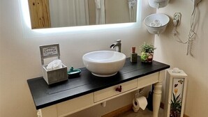 Bagno con un ampio specchio, lavandino bianco, portasci, asciugacapelli e una piccola pianta sul mobile.