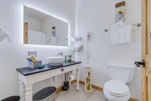 Une salle de bain avec un lavabo blanc, un miroir, des toilettes et un espace douche.