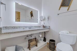 A modern bathroom with a large mirror, white sink, and toilet. - Old Wash House - Rm. 104 (Stanardsville)