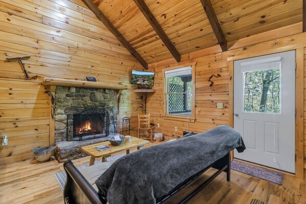 Interior de una cabaña de madera con chimenea de piedra, televisor y puerta que da a una zona boscosa.